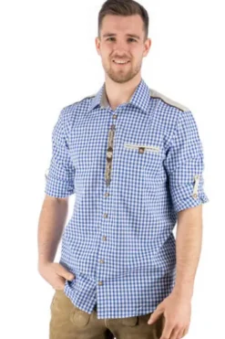 OS TRACHTEN Hemd blau kariert Regular Fit Langarm mit Stickerei