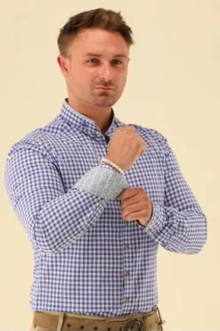 OS TRACHTEN Hemd blau kariert Slim Fit Langarm Stehkragen