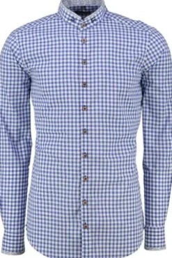 OS TRACHTEN Hemd blau kariert Slim Fit Langarm Stehkragen
