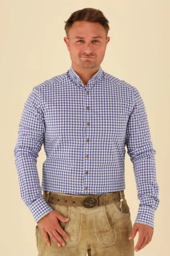 OS TRACHTEN Hemd blau kariert Slim Fit Langarm Stehkragen