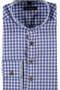 OS TRACHTEN Hemd blau kariert Slim Fit Langarm Stehkragen