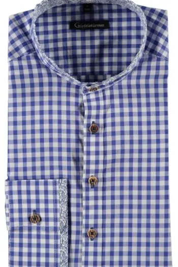 OS TRACHTEN Hemd blau kariert Slim Fit Langarm Stehkragen