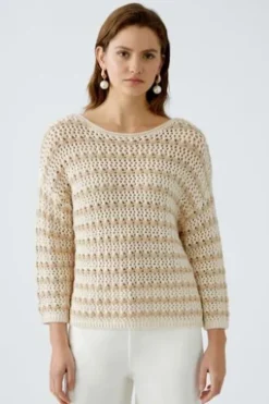OUI Lässiger Sommerpullover in aufwendiger Stricktechnik white camel gestreift 7/8-Arm
