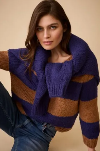 OUI Pullover EMSY camel/blue gestreift 3/4-Arm