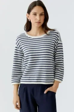 OUI Pullover white blue gestreift 3/4-Arm