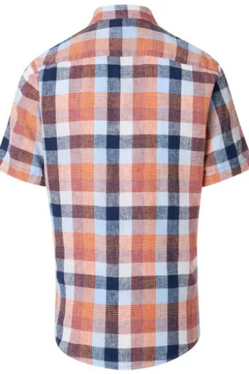 REDMOND Leinen Hemd orange kariert Regular Fit Kurzarm